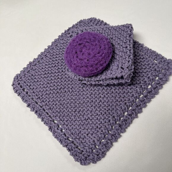Hand Knit Dish Cloth Set of 2 Plus Scrubbie 100% Cotton Purple Kitchen Gift - Picture 4 of 6